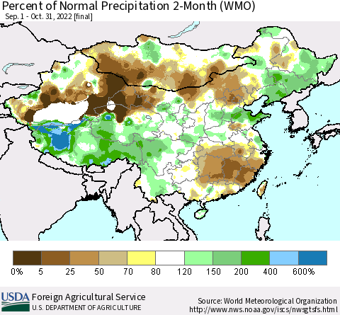China, Mongolia and Taiwan Percent of Normal Precipitation 2-Month (WMO) Thematic Map For 9/1/2022 - 10/31/2022