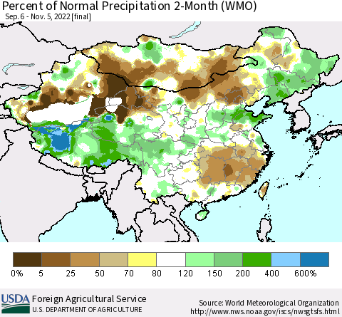 China, Mongolia and Taiwan Percent of Normal Precipitation 2-Month (WMO) Thematic Map For 9/6/2022 - 11/5/2022