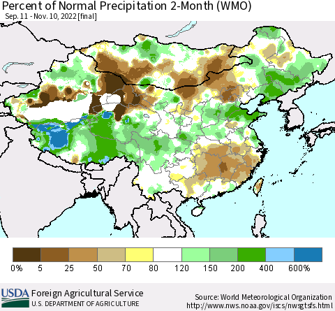 China, Mongolia and Taiwan Percent of Normal Precipitation 2-Month (WMO) Thematic Map For 9/11/2022 - 11/10/2022