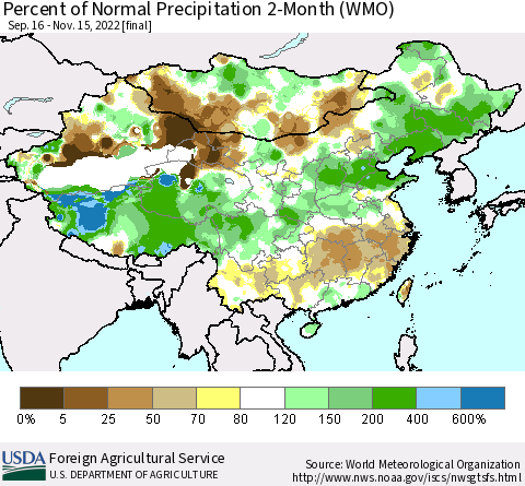China, Mongolia and Taiwan Percent of Normal Precipitation 2-Month (WMO) Thematic Map For 9/16/2022 - 11/15/2022