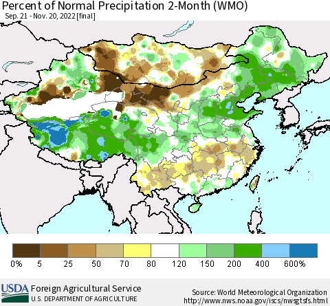 China, Mongolia and Taiwan Percent of Normal Precipitation 2-Month (WMO) Thematic Map For 9/21/2022 - 11/20/2022