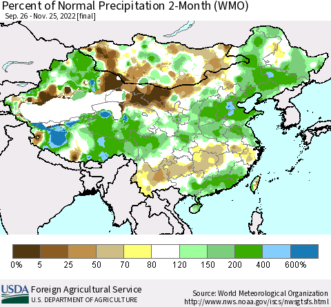 China, Mongolia and Taiwan Percent of Normal Precipitation 2-Month (WMO) Thematic Map For 9/26/2022 - 11/25/2022