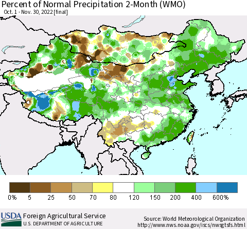 China, Mongolia and Taiwan Percent of Normal Precipitation 2-Month (WMO) Thematic Map For 10/1/2022 - 11/30/2022