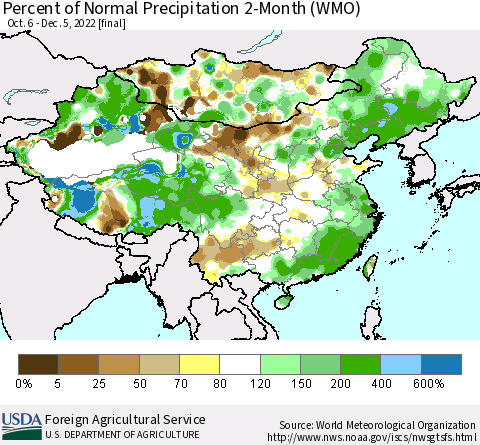China, Mongolia and Taiwan Percent of Normal Precipitation 2-Month (WMO) Thematic Map For 10/6/2022 - 12/5/2022