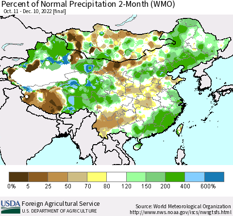 China, Mongolia and Taiwan Percent of Normal Precipitation 2-Month (WMO) Thematic Map For 10/11/2022 - 12/10/2022