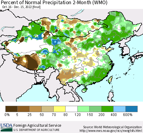 China, Mongolia and Taiwan Percent of Normal Precipitation 2-Month (WMO) Thematic Map For 10/16/2022 - 12/15/2022
