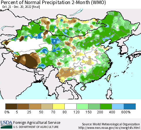 China, Mongolia and Taiwan Percent of Normal Precipitation 2-Month (WMO) Thematic Map For 10/21/2022 - 12/20/2022