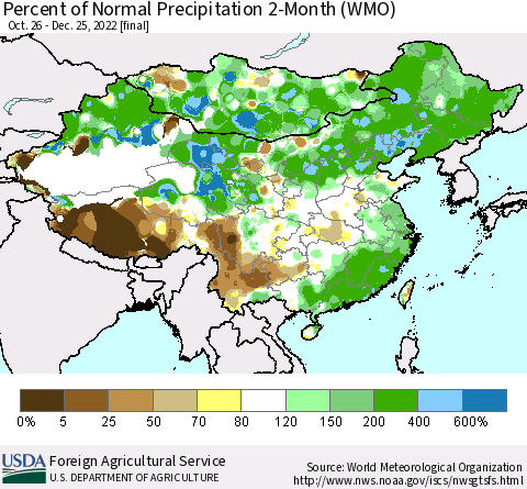 China, Mongolia and Taiwan Percent of Normal Precipitation 2-Month (WMO) Thematic Map For 10/26/2022 - 12/25/2022