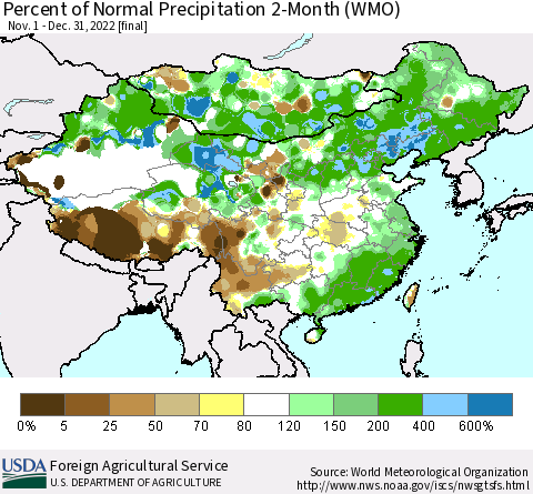 China, Mongolia and Taiwan Percent of Normal Precipitation 2-Month (WMO) Thematic Map For 11/1/2022 - 12/31/2022