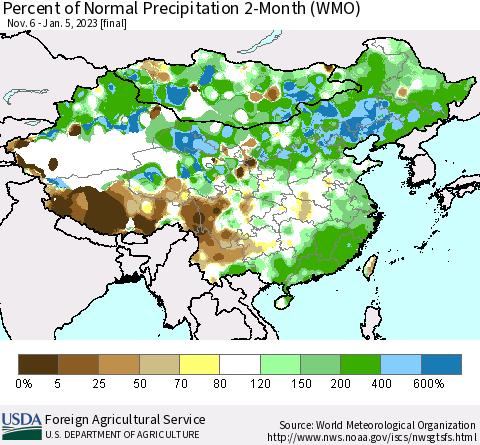 China, Mongolia and Taiwan Percent of Normal Precipitation 2-Month (WMO) Thematic Map For 11/6/2022 - 1/5/2023
