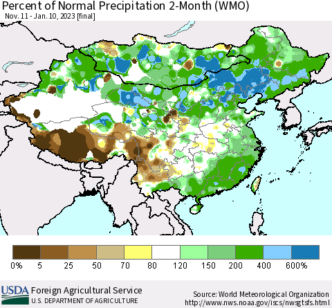China, Mongolia and Taiwan Percent of Normal Precipitation 2-Month (WMO) Thematic Map For 11/11/2022 - 1/10/2023