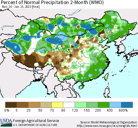 China, Mongolia and Taiwan Percent of Normal Precipitation 2-Month (WMO) Thematic Map For 11/16/2022 - 1/15/2023
