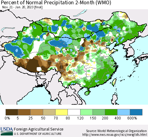 China, Mongolia and Taiwan Percent of Normal Precipitation 2-Month (WMO) Thematic Map For 11/21/2022 - 1/20/2023