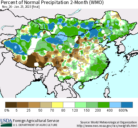 China, Mongolia and Taiwan Percent of Normal Precipitation 2-Month (WMO) Thematic Map For 11/26/2022 - 1/25/2023