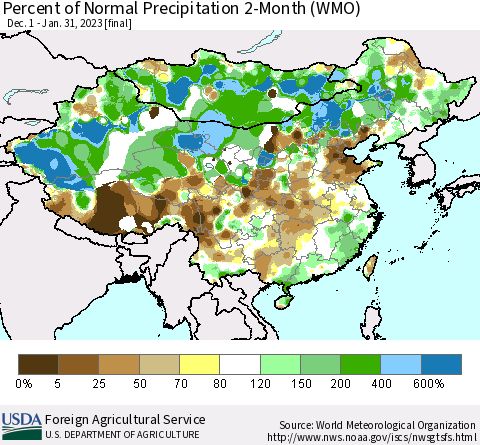 China, Mongolia and Taiwan Percent of Normal Precipitation 2-Month (WMO) Thematic Map For 12/1/2022 - 1/31/2023