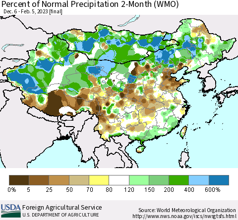 China, Mongolia and Taiwan Percent of Normal Precipitation 2-Month (WMO) Thematic Map For 12/6/2022 - 2/5/2023