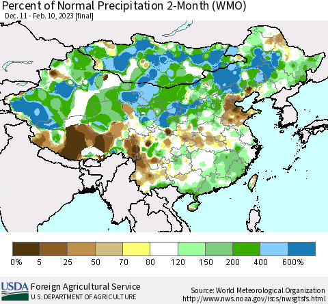China, Mongolia and Taiwan Percent of Normal Precipitation 2-Month (WMO) Thematic Map For 12/11/2022 - 2/10/2023