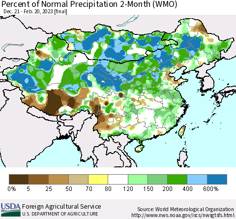 China, Mongolia and Taiwan Percent of Normal Precipitation 2-Month (WMO) Thematic Map For 12/21/2022 - 2/20/2023