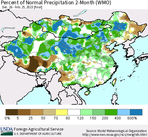 China, Mongolia and Taiwan Percent of Normal Precipitation 2-Month (WMO) Thematic Map For 12/26/2022 - 2/25/2023