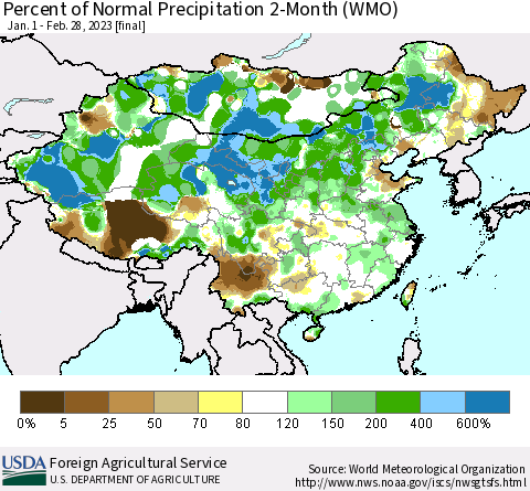 China, Mongolia and Taiwan Percent of Normal Precipitation 2-Month (WMO) Thematic Map For 1/1/2023 - 2/28/2023
