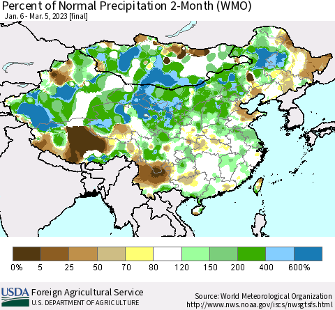 China, Mongolia and Taiwan Percent of Normal Precipitation 2-Month (WMO) Thematic Map For 1/6/2023 - 3/5/2023