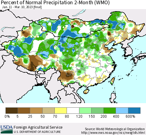 China, Mongolia and Taiwan Percent of Normal Precipitation 2-Month (WMO) Thematic Map For 1/11/2023 - 3/10/2023