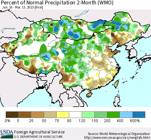 China, Mongolia and Taiwan Percent of Normal Precipitation 2-Month (WMO) Thematic Map For 1/16/2023 - 3/15/2023