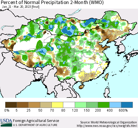 China, Mongolia and Taiwan Percent of Normal Precipitation 2-Month (WMO) Thematic Map For 1/21/2023 - 3/20/2023