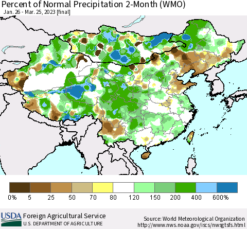 China, Mongolia and Taiwan Percent of Normal Precipitation 2-Month (WMO) Thematic Map For 1/26/2023 - 3/25/2023