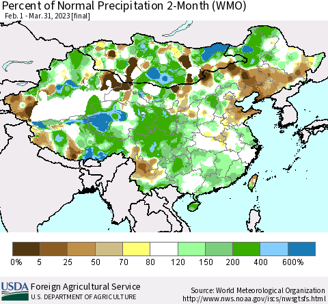 China, Mongolia and Taiwan Percent of Normal Precipitation 2-Month (WMO) Thematic Map For 2/1/2023 - 3/31/2023