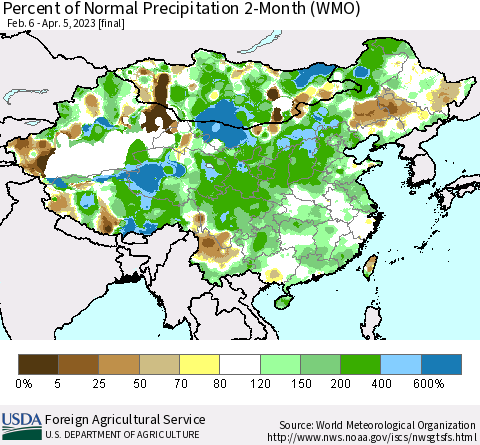 China, Mongolia and Taiwan Percent of Normal Precipitation 2-Month (WMO) Thematic Map For 2/6/2023 - 4/5/2023