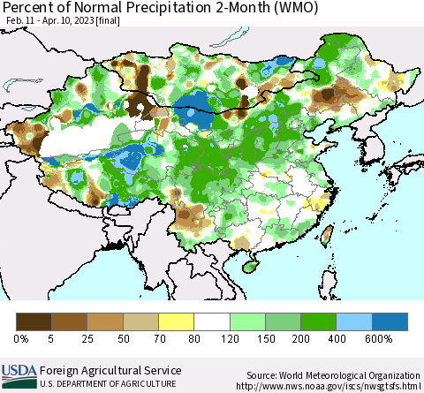 China, Mongolia and Taiwan Percent of Normal Precipitation 2-Month (WMO) Thematic Map For 2/11/2023 - 4/10/2023