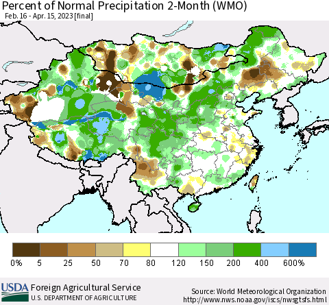 China, Mongolia and Taiwan Percent of Normal Precipitation 2-Month (WMO) Thematic Map For 2/16/2023 - 4/15/2023