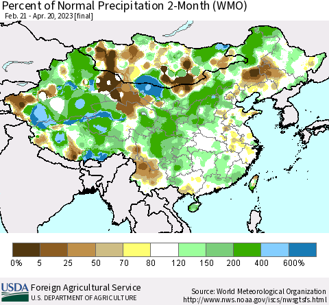 China, Mongolia and Taiwan Percent of Normal Precipitation 2-Month (WMO) Thematic Map For 2/21/2023 - 4/20/2023