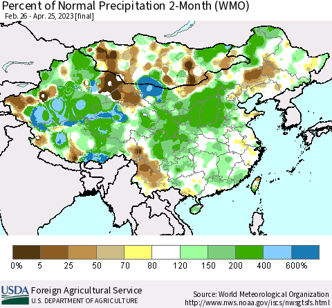 China, Mongolia and Taiwan Percent of Normal Precipitation 2-Month (WMO) Thematic Map For 2/26/2023 - 4/25/2023