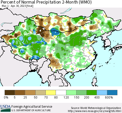 China, Mongolia and Taiwan Percent of Normal Precipitation 2-Month (WMO) Thematic Map For 3/1/2023 - 4/30/2023