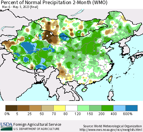 China, Mongolia and Taiwan Percent of Normal Precipitation 2-Month (WMO) Thematic Map For 3/6/2023 - 5/5/2023