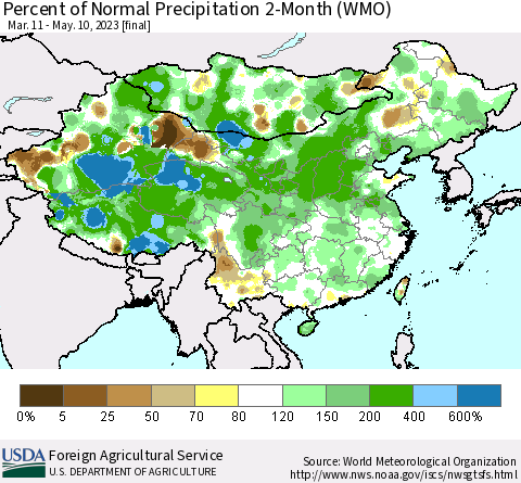 China, Mongolia and Taiwan Percent of Normal Precipitation 2-Month (WMO) Thematic Map For 3/11/2023 - 5/10/2023