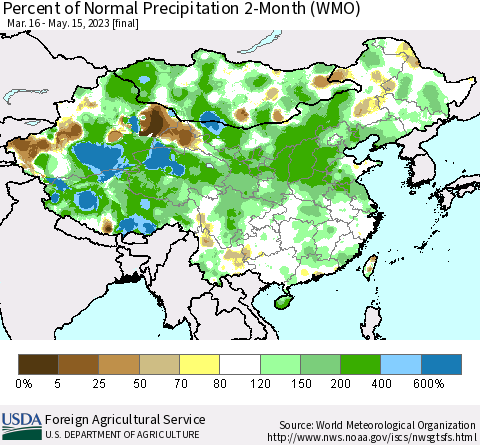 China, Mongolia and Taiwan Percent of Normal Precipitation 2-Month (WMO) Thematic Map For 3/16/2023 - 5/15/2023