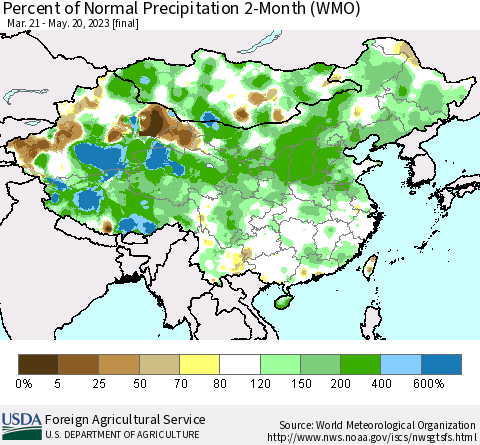 China, Mongolia and Taiwan Percent of Normal Precipitation 2-Month (WMO) Thematic Map For 3/21/2023 - 5/20/2023