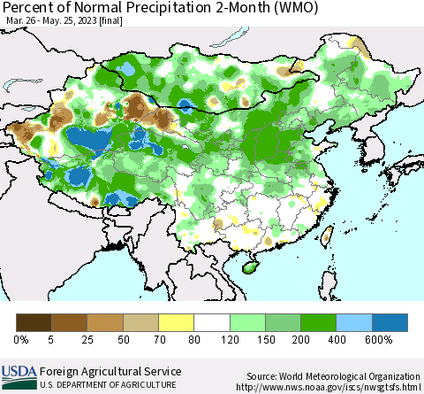 China, Mongolia and Taiwan Percent of Normal Precipitation 2-Month (WMO) Thematic Map For 3/26/2023 - 5/25/2023