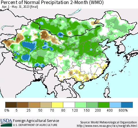 China, Mongolia and Taiwan Percent of Normal Precipitation 2-Month (WMO) Thematic Map For 4/1/2023 - 5/31/2023