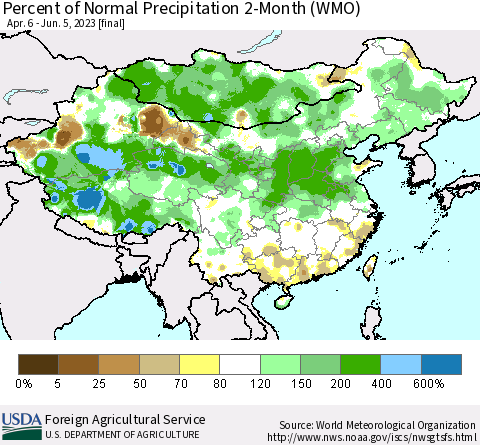 China, Mongolia and Taiwan Percent of Normal Precipitation 2-Month (WMO) Thematic Map For 4/6/2023 - 6/5/2023