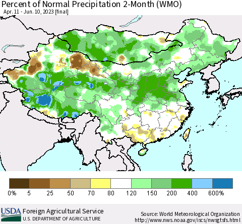China, Mongolia and Taiwan Percent of Normal Precipitation 2-Month (WMO) Thematic Map For 4/11/2023 - 6/10/2023