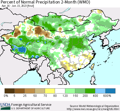 China, Mongolia and Taiwan Percent of Normal Precipitation 2-Month (WMO) Thematic Map For 4/16/2023 - 6/15/2023