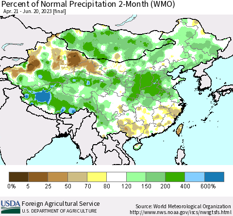China, Mongolia and Taiwan Percent of Normal Precipitation 2-Month (WMO) Thematic Map For 4/21/2023 - 6/20/2023