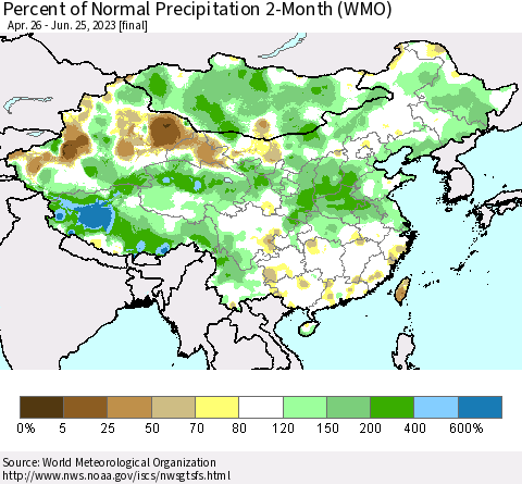China, Mongolia and Taiwan Percent of Normal Precipitation 2-Month (WMO) Thematic Map For 4/26/2023 - 6/25/2023