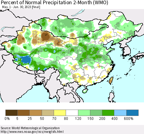 China, Mongolia and Taiwan Percent of Normal Precipitation 2-Month (WMO) Thematic Map For 5/1/2023 - 6/30/2023