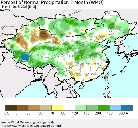 China, Mongolia and Taiwan Percent of Normal Precipitation 2-Month (WMO) Thematic Map For 5/6/2023 - 7/5/2023