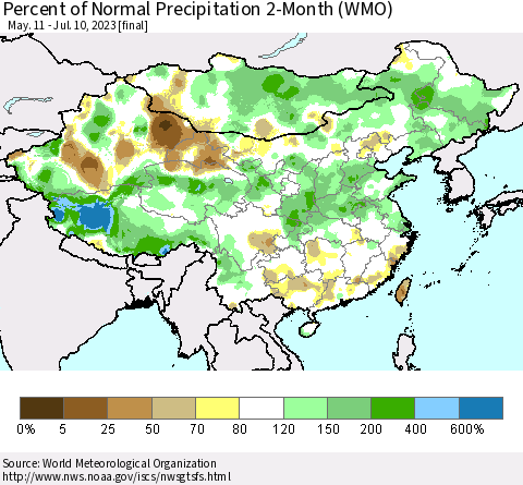 China, Mongolia and Taiwan Percent of Normal Precipitation 2-Month (WMO) Thematic Map For 5/11/2023 - 7/10/2023